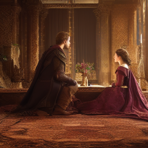 Lancelot and Guinevere, heads bent in deep discussion, map out their strategy on a grand tapestry, their eyes gleaming with hope and anticipation, as they dream of a world where love triumphs over all boundaries.